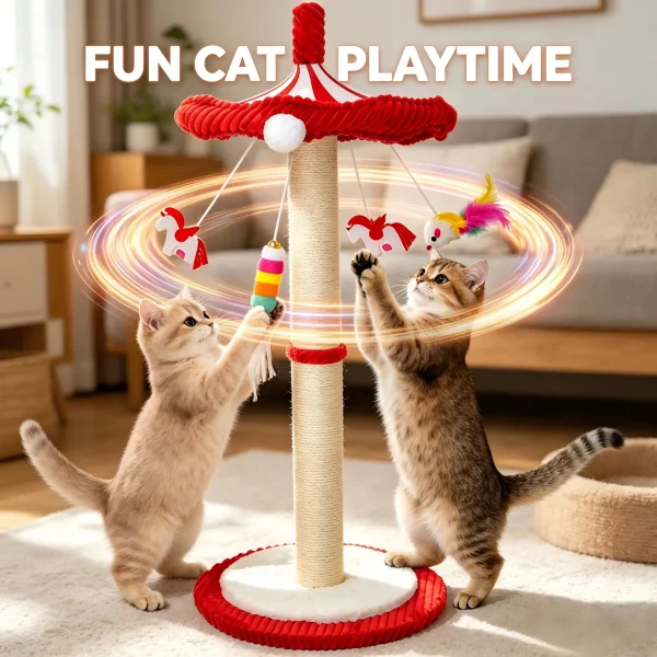 39“ Tall Carousel Cat Scratching Post with Hanging Toys