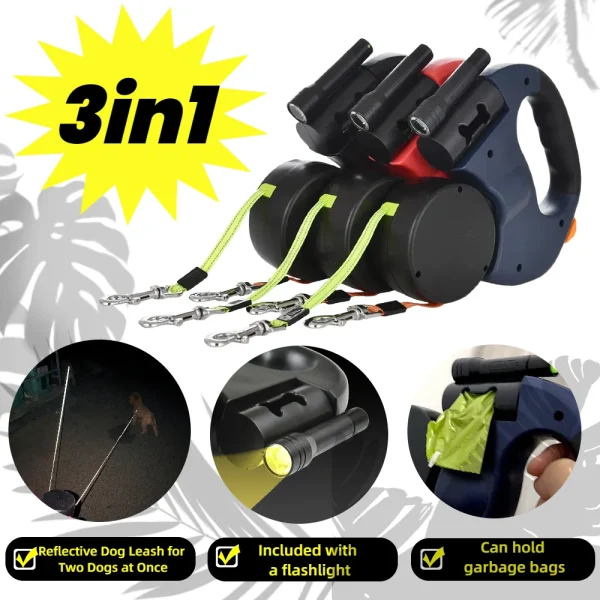 3 in 1 Double Head Dog Leash Flashlight Poop Bag Dispenser